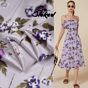 

100cm*105cm Soft Stretch Silk Charmeuse Fabric Lilac Floral Material Silk Satin