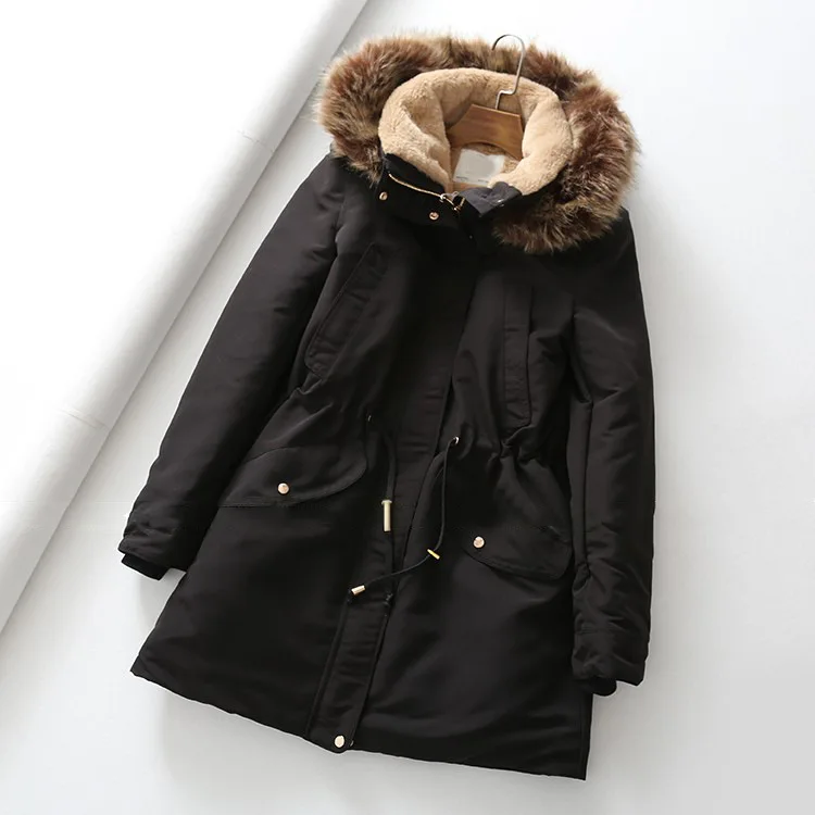 

Lf102 Fall And Winter Clothes New Style ~ Warm Thick plus Velvet Drawstring Waist Hugging Mid-length Large Fur Collar Hooded Cot