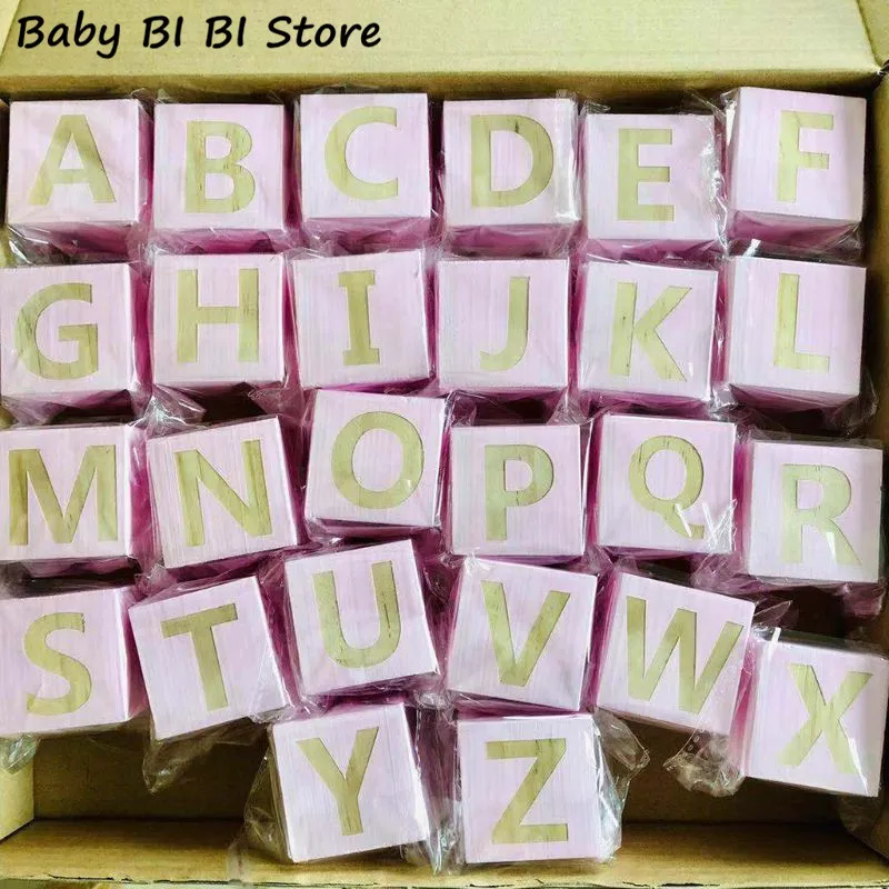 Pink 1 комплект из массива дерева 26 Английский алфавит квадратный кубический Блок Детские Обучающие украшения Детские реквизит для фотосъемки домашние поделки - Color: Pink
