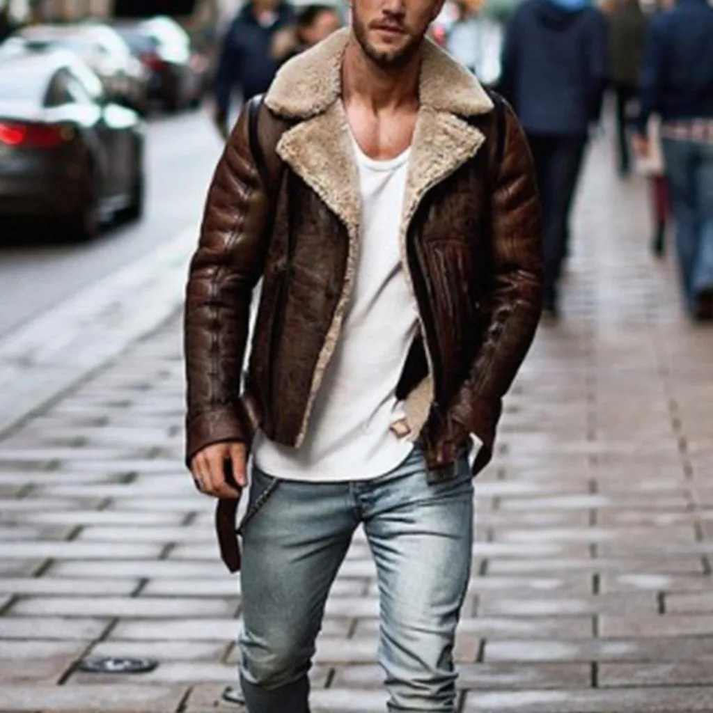 

2019 New Style Men Winter Imitation Leather Jacket Biker Motorcycle Zipper Long Sleeve Coat Top dropshipping