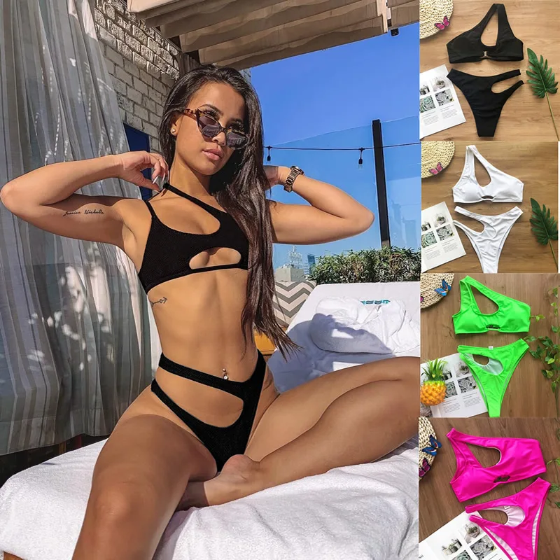 

2020 Retro Bandage Bikini Set Irregular One Shoulder Design Women Swimsuit Vintage High Cut Bandage Bikinis Hollow Out Bikini