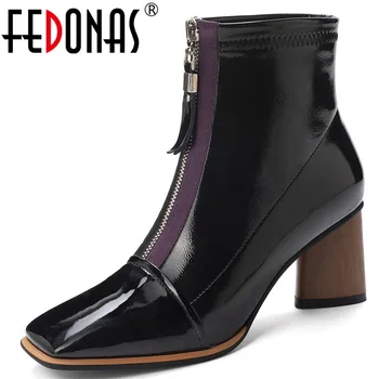 

FEDONAS Concise High Heels Cow patent leather Chelsea Boots Winter Women Zipper Ankle Boots Big Size Night Club Shoes Woman