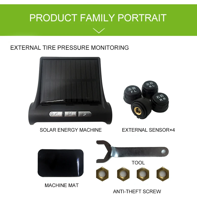 Автомобильный монитор давления в шинах, система солнечной энергии, цифровой ЖК-дисплей, 4 колеса, внутренний внешний датчик шин, оповещение о температуре