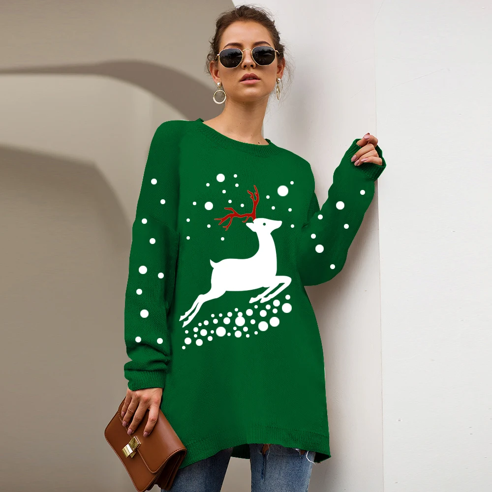 Green Elk Missufe, 11 цветов, о-образный вырез, Леопардовый женский свитер, Осень-зима, пуловер, джемперы, Женский вязаный шикарный Свободный теплый свитер, Mujer - Цвет: Green Elk