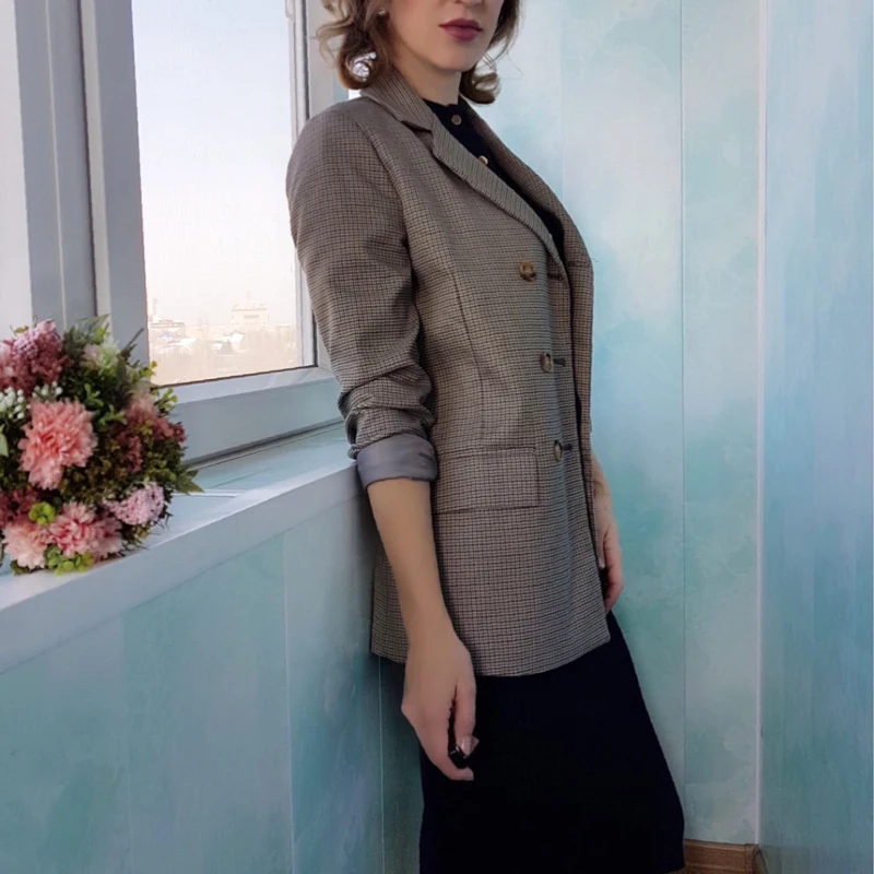 JuneLove Классическая клетчатая двубортная Женская Куртка Блейзер с надрезом на воротнике Женское пальто мода Хаундстут Офисная Женская верхняя одежда