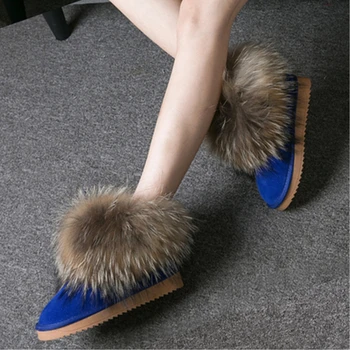 

Women Snow Boots Large Natural Fox Fur Ankle Boots Female Suede Leather Winter Boots Raccon Fur Low Flats Shoes