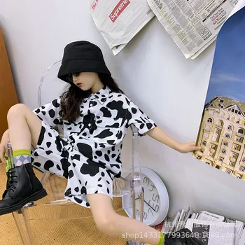 

2020 summer new girl cow suit short sleeve shirt casual pants two-piece suit