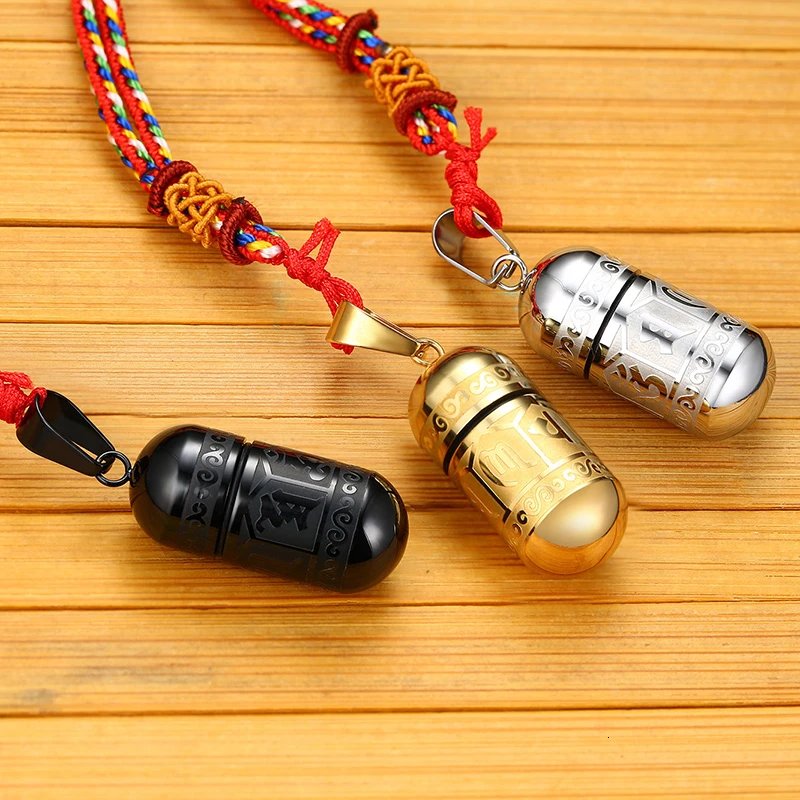 Buddhism Six Words Openable Necklace Women Men OM Mantra Prayer Wheel Mantra Bottle Urn Pendant Stainless Steel Jewelry