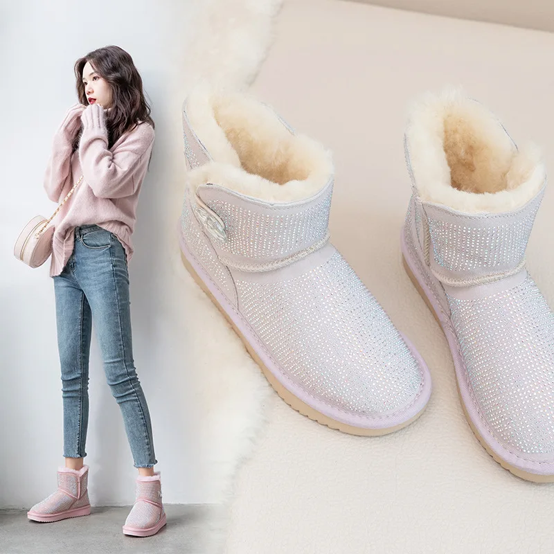 

Autumn And Winter Thick Lamb's Wool Liner Snow Boots Versatile Princess Fine Man-made Diamond Short Boots Women's Genuine Leathe
