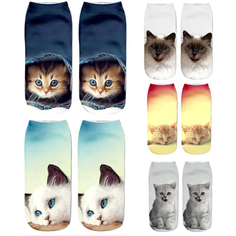 1 пара, женские носки в стиле Харадзюку С 3D принтом кошки, невидимые носки, милые повседневные носки с принтом животных, низкие носки