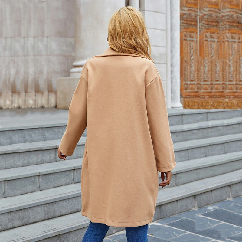 Solid Women's Trench Coat Single Button Turn Down Collar Ladies Casual Tops Pockets Long Sleeve Autumn Winter Overcoat Female maxi puffer coat