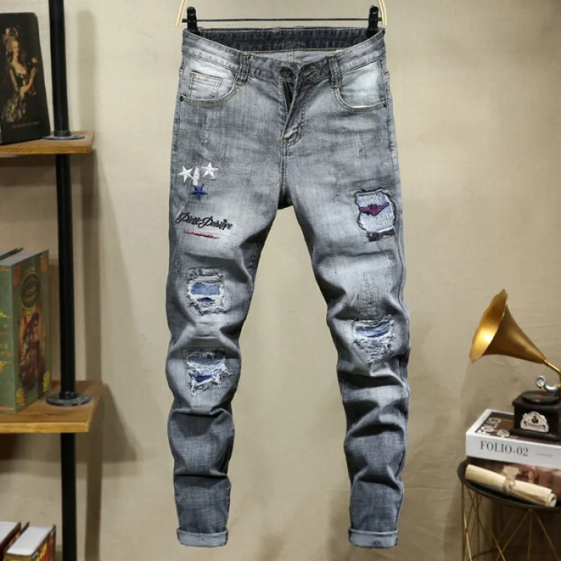 

Spring And Autumn Dark Gray with Holes Jeans Men's Patch Applique Popular Brand Cool Korean-style Elasticity Skinny Capri Pants