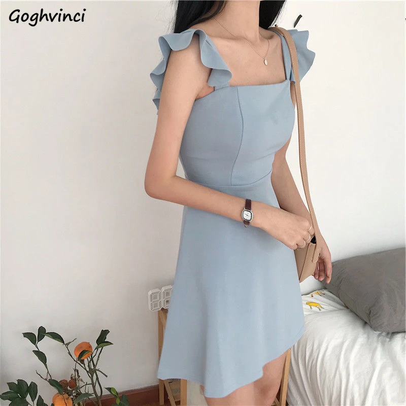 Sleeveless Dress Women Backless Ruffles Solid High Waist Skinny Slim Sexy Fashion Korean Style A-line Chic New Designed Trendy blazer dress