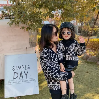 

WLG family matching clothes mother and daughter autumn winter sweaters plaid warm cardigan