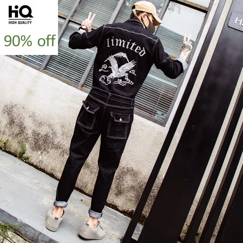 

Harajuku Mens One Piece Denim Jumpsuit Hawk Embroidery Jeans Bib Overall Streetwear Zipper Sleeve Suit Long Cargo Pants Pockets