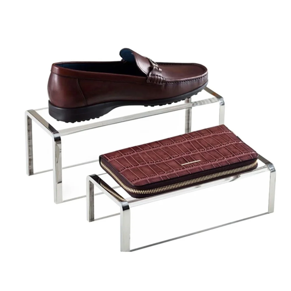 小さなアクリルの靴の棚ステンレス鋼のエッジ高さと低いディスプレイハンドバッグ財布デスク