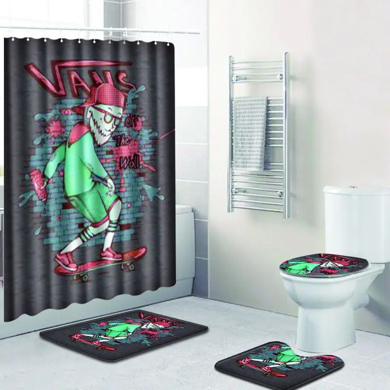 

4pcs/set Creative Skull Print Bathroom Waterproof Shower Curtain Washable Polyester Modern Solid Toilet Seat Cover Pad Home Deco