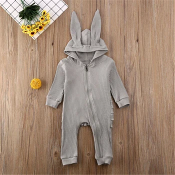 

2020 New Cute Kids Baby Girl Boy Long Sleeve Knitted Ruffle Romper Spirng Solid 3D Ears Hooded Zipper Jumpsuit Overall Clothes