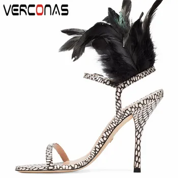 

VERCONAS 2020 Sexy Party Pumps Woman Sandals Woman Pumps Brand Design Feather Decoration Round Toe Thin High Heeled Shoes Woman