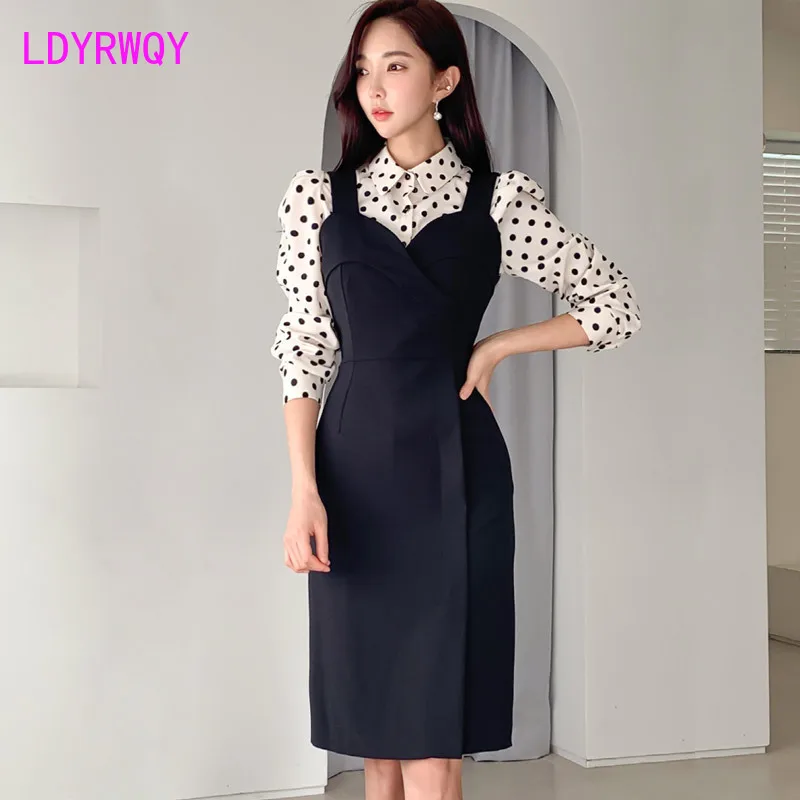 

[LDYRWQY] 2020 New Two-piece Spring Korean Slim Polka Dot Shirt Top Closure Waist Bag Hip Sling Dress Set Women