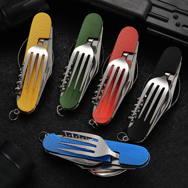 Hot sale knife and fork combination portable 6 in 1 stainless steel folding cutlery set for outdoor camping picnic travel