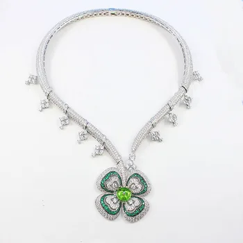 

Gorgeous Green Flower Statement Necklace Full Cubic Zirconia Floral Collar Choker Women Banquet Party Jewelry Dress Accessories