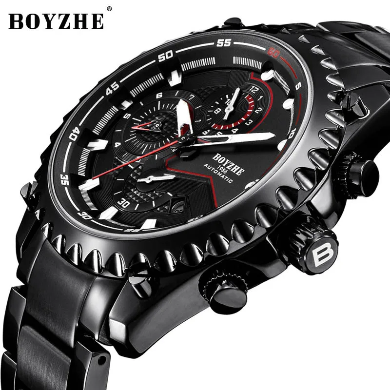 Новые Мужские автоматические механические модные спортивные часы от бренда BOYZHE мужские светящиеся военные водонепроницаемые часы мужские s Relogio - Цвет: Steel Black