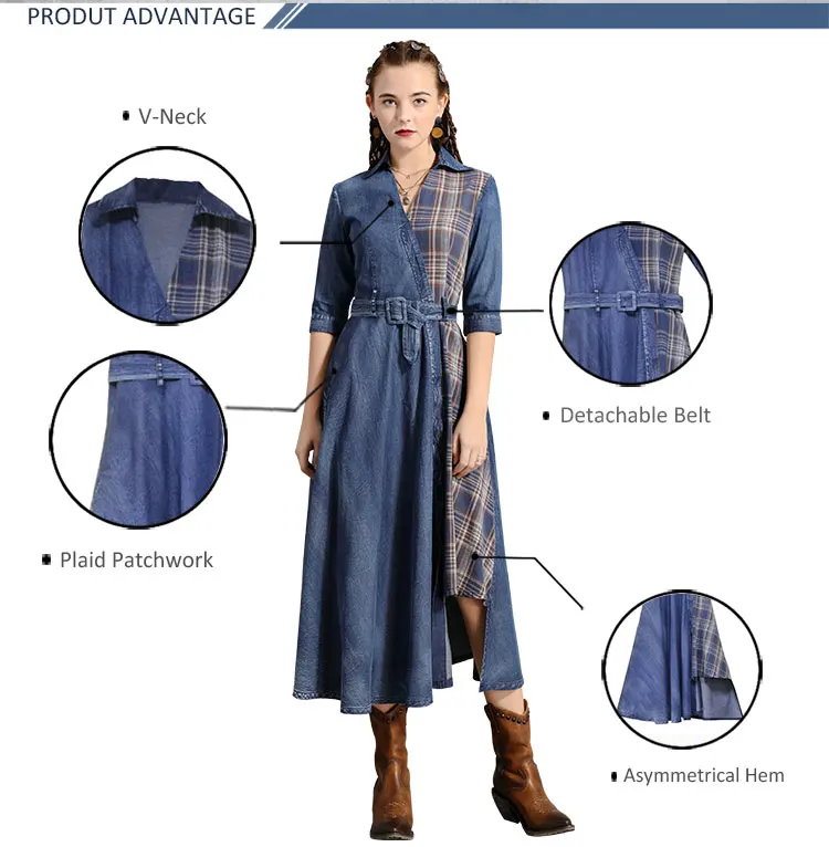 Женское платье Yuzi. may Boho новые джинсовые женские платья с v-образным вырезом Асимметричные клетчатые Лоскутные BeltedVestidos A82191