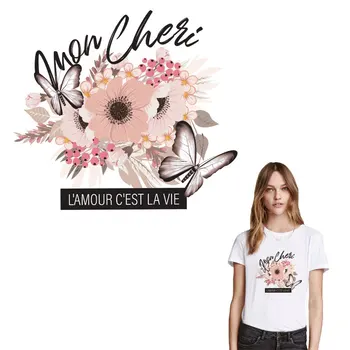 

Pink Flower Patches Iron-On Transfers For Clothing Women T-shirt Jeans Butterfly Patch Heat Press Clothes Sticker Transfers
