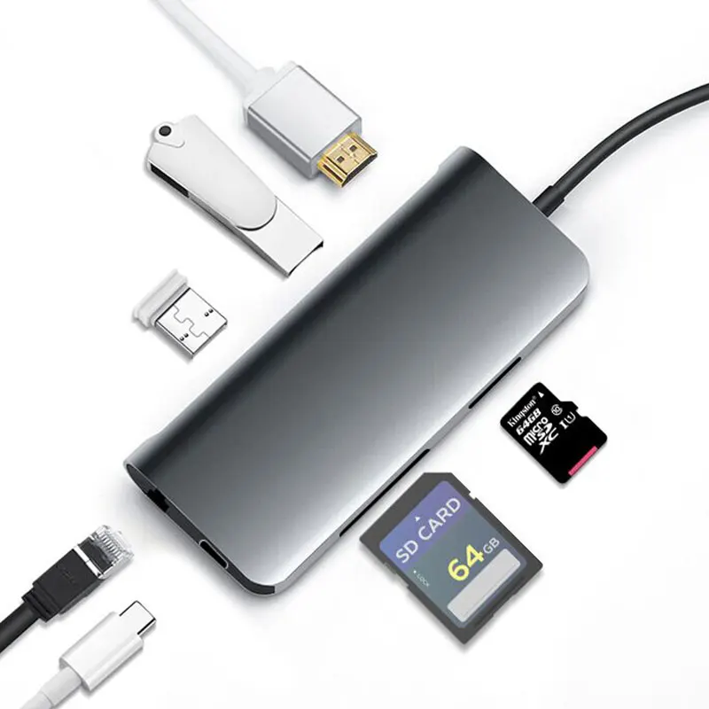 

4K PD USB C HUB with HDMI RJ45 PD Fast Charger Card Reader Multifunction Accessories USB 3.0 Type C HUB Adapter for Macbook Pro