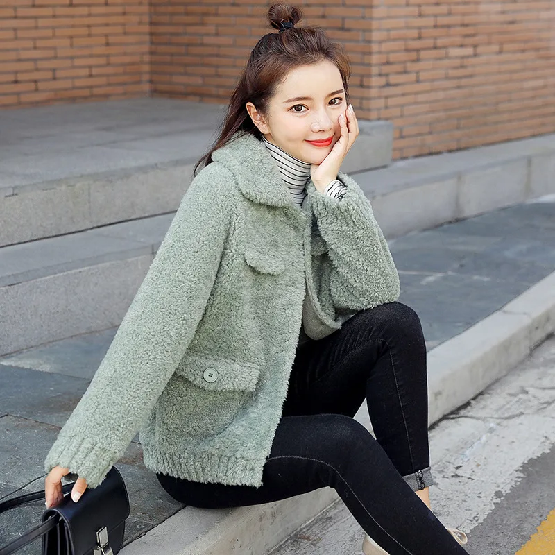 

2019 Autumn And Winter WOMEN'S Dress Korean-style Slim Fit Coat Lambs Wool Short Coat Solid Color Large Particles Crew Neck Sing