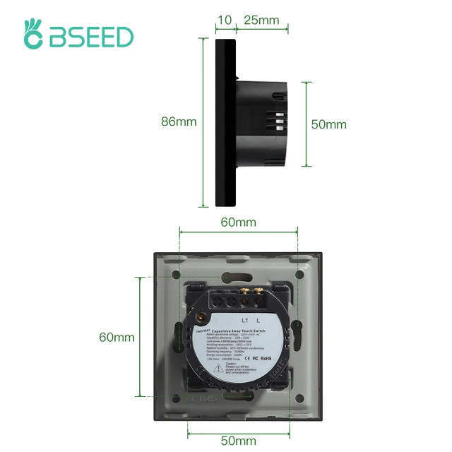 Bseed 1 Gang 2 Way Intermediate Stair Switch EU Master Slave Light Touch Switch White Grey Crystal Glass Panel Home Improvement - Image 6