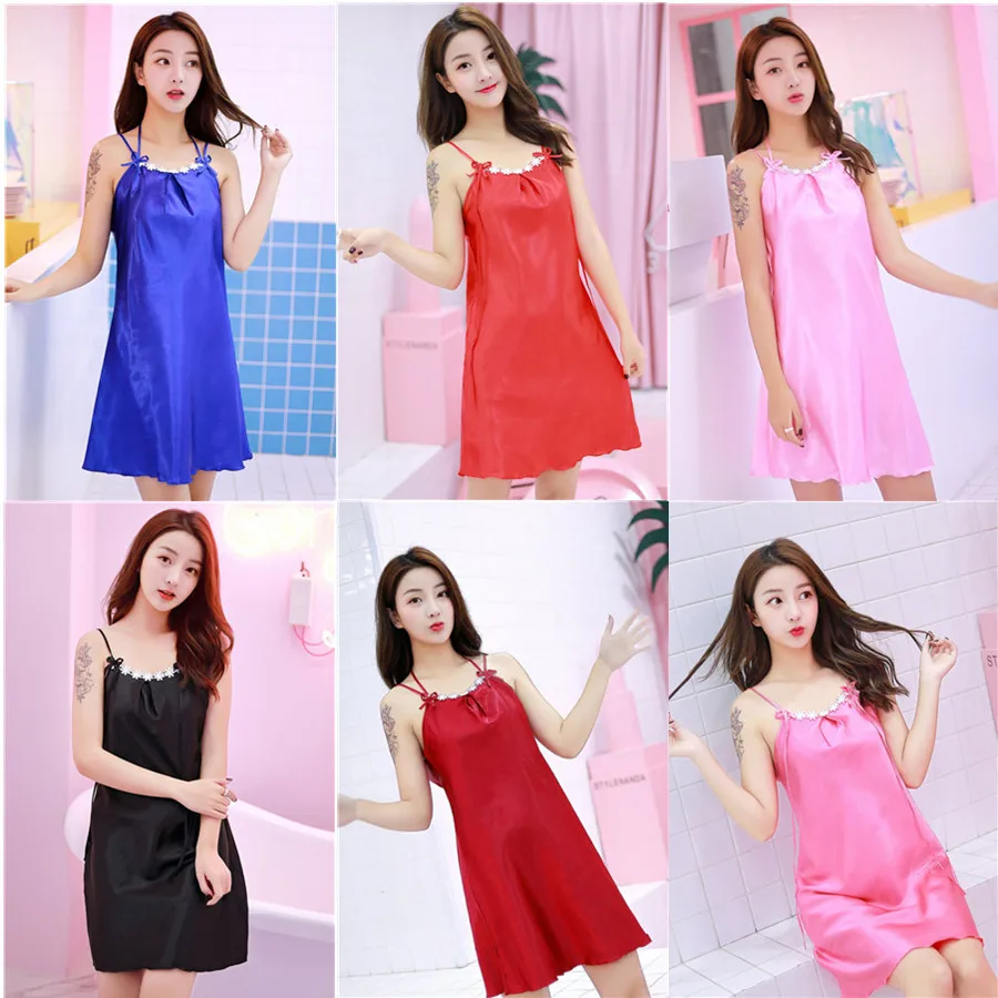 

According to Feminine Pajamas Women's Summer Nightgown Camisole Solid Color Pajamas Sexy Multi-color Imitated Silk Fabric Homewe