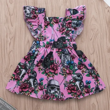 

summer little girls dresses pink robot helmet flower print sleeveless one-pieces kids outfits children's baby clothing