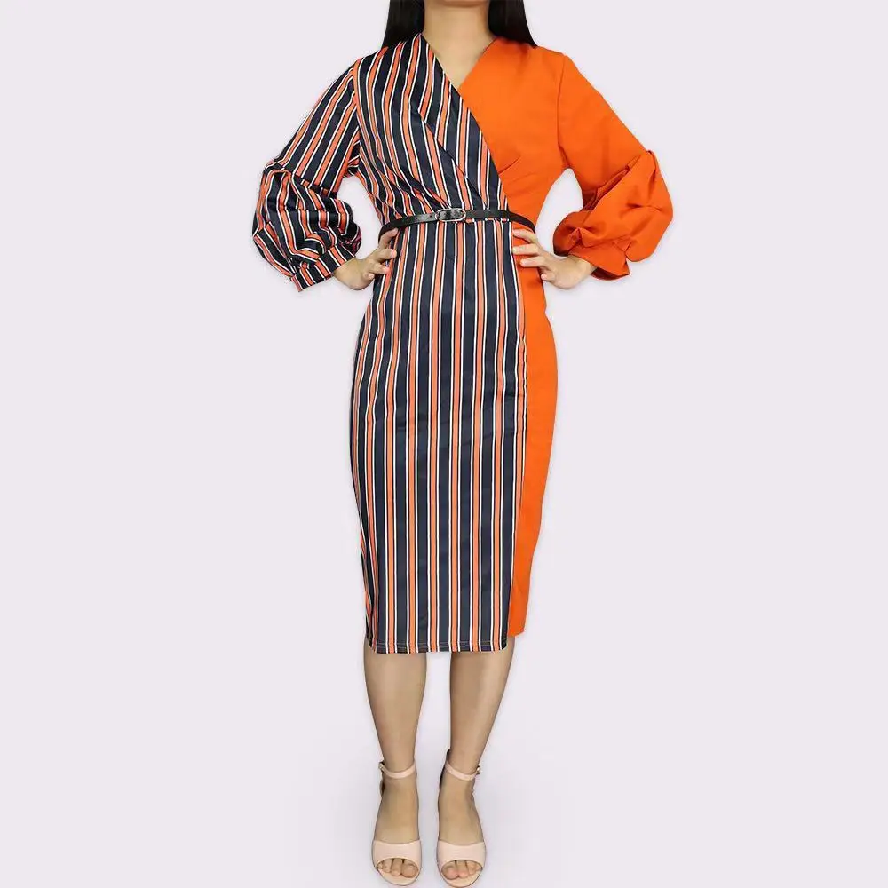 Оранжевый Африканская одежда; 2 цвета; vestido hasta la rodilla para las mujeres ropa de estampado tradicional manga de Puff con cinturón L-3XL - Цвет: Оранжевый