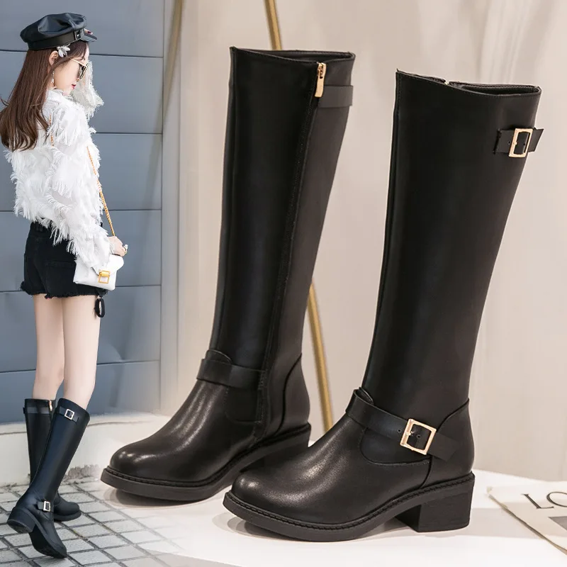 

The New Martin Boots Women Autumn And Winter Fashion Mid-Calf Zip Work & Safety Round Toe Med (3cm-5cm) Square Heel Plush Buckle