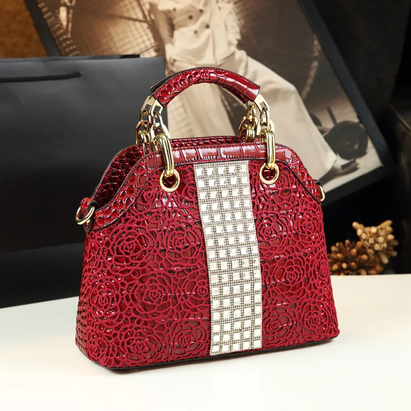 Luxury Diamonds handbag women bag fashion crocodile pattern leather female shoulder messenger bag lace flowers rhinestone bags