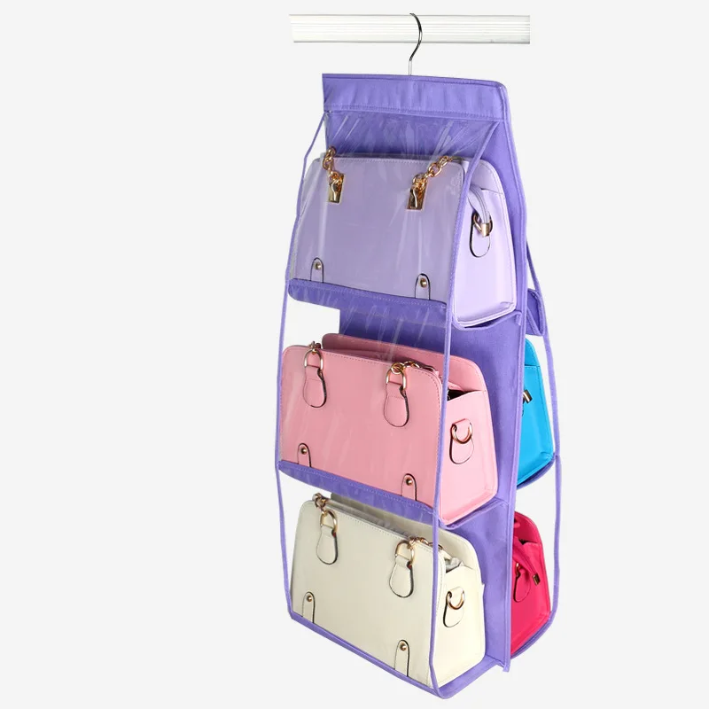 Прозрачная Пыленепроницаемая Нетканая 6 карманная подвесная сумка для хранения Сумочка Сумка-тоут органайзер для хранения в шкафу вешалки U0765 - Цвет: Фиолетовый