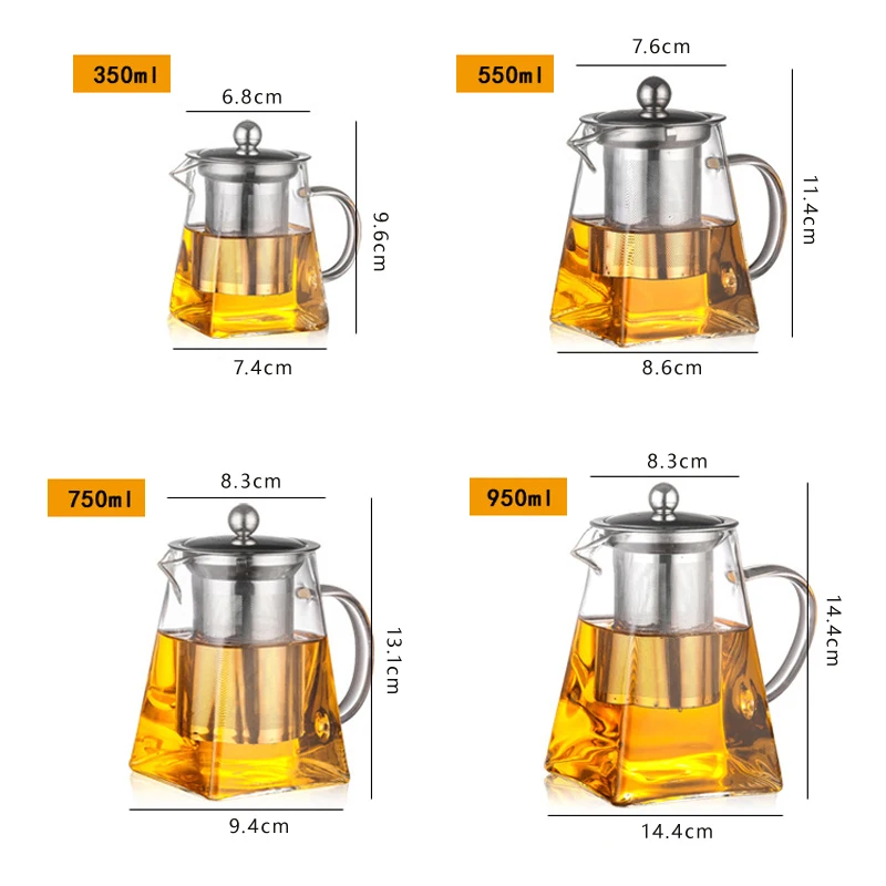 Heat Resistant Infuser Teapot  Glass With Stainless Steel Heated Container Tea Pot Clear Kettle Square Filter