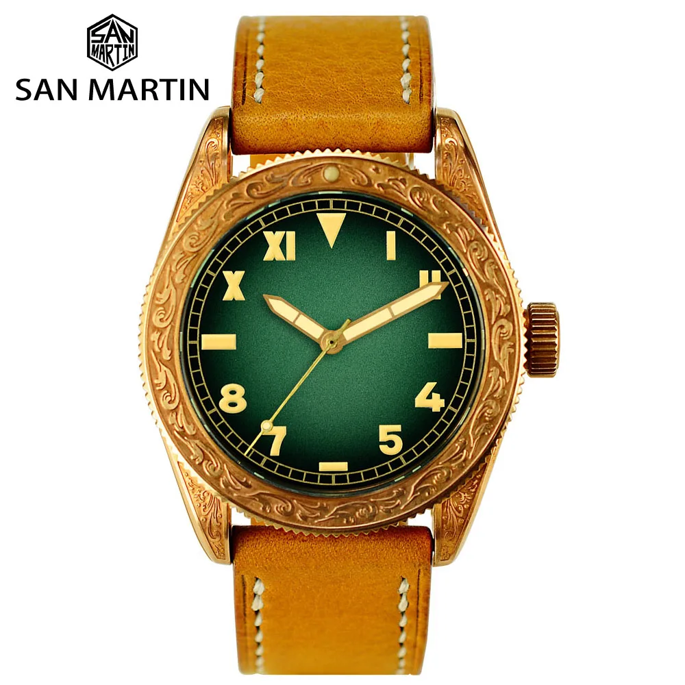 

San Martin Retro Bronze Watch Engraving Traditional Pattern Mechanical Watches Unisex Luminous Water Resistant Sapphire Relojes