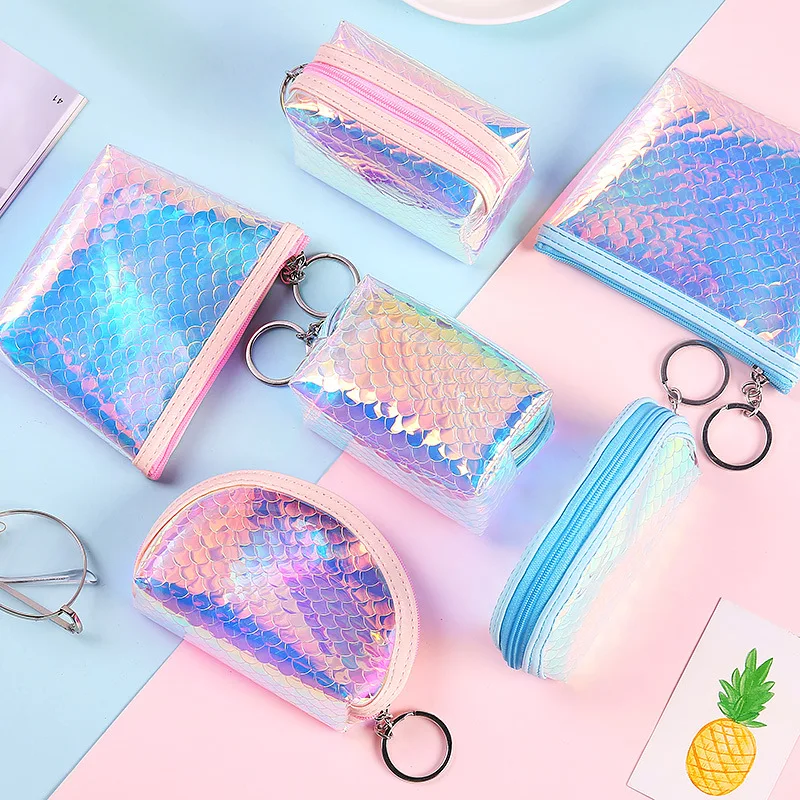 

X0003 GIRL'S Heart Laser Scale Pattern Colorful Purse Semi-Circular Square Mini Wallet Zipper Storgage Bag