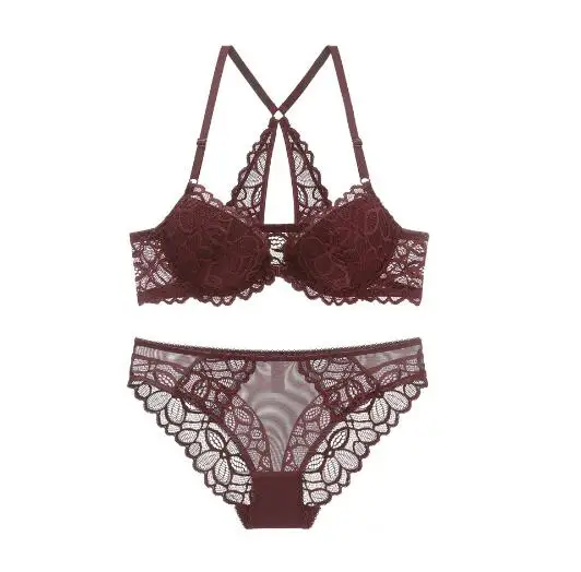 et Sexy Bras Embroidery Push Up Bra sets Lace Brassiere Deep V Thick Cotton Women Lingerie Set - Цвет: Date Color
