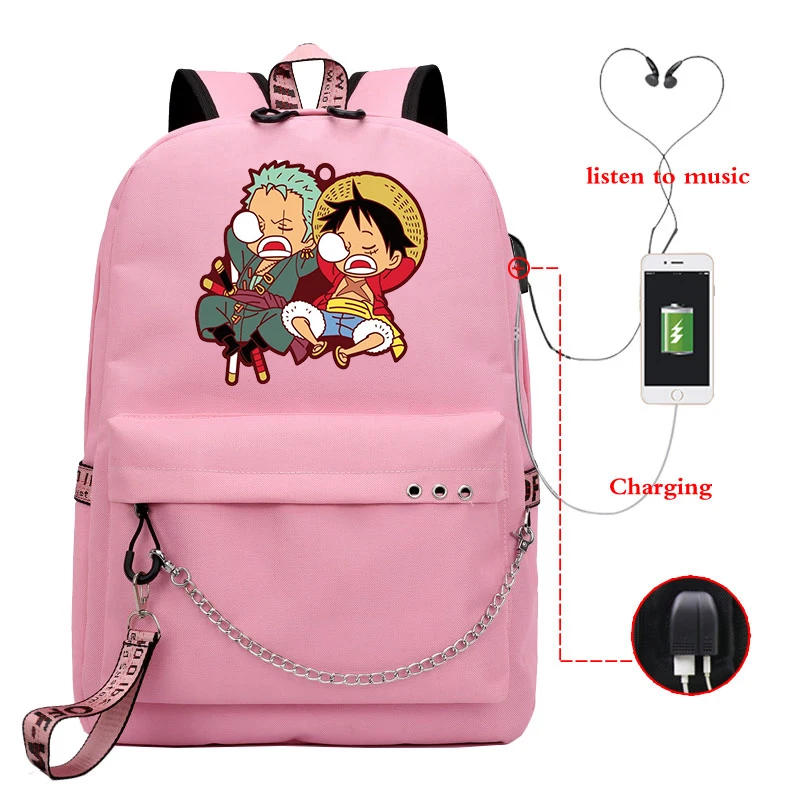 1 шт. рюкзак Usb зарядное устройство холщовые школьные сумки аниме Mochila рюкзак модные студенческие Mochila Escolar девушки Bookbag Sac Dos - Цвет: One Piece 2