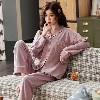 

New Women Pajamas Set Autumn and Winter Long sleeve Cotton Sweet Solid color Sleepwear Outdoor Women Home Clothes Pijama Femme