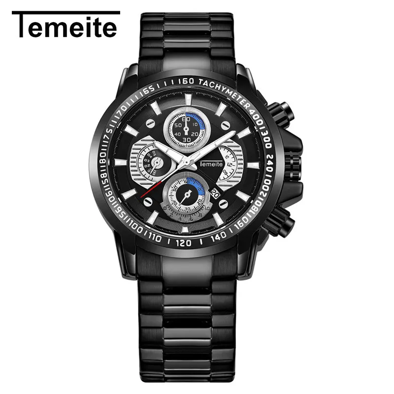 

TEMEITE Luxury Black Men's Watch Calendar Stainless Steel Quartz Watch Men's Illuminated Big Watch Top Men's Brand Clock