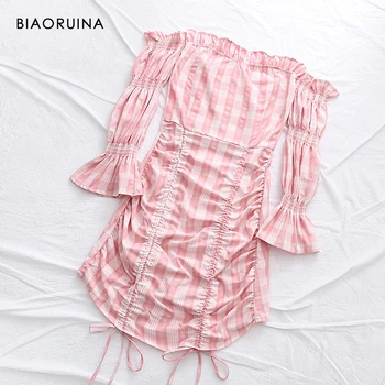 

BIAORUINA Women's Pink Plaid Off The Shoulder Fashion Bodycon Dress Slash Neck Female Sweet Summer High Waist Dress Puff Sleeve