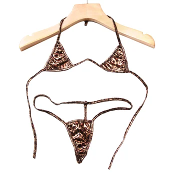 

Sexy PU Leather Leopard Bra Set Exotic Three Point Lingerie Women Bra+G-string Thong Bikini Set Babydoll Underwear with G-string