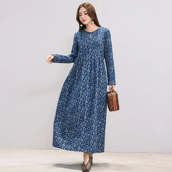 

Siskakia Cotton and Linen Dress Vintage Chinese Style Empire Swing Floral Midi Dresses A Line Thick Flocking Autumn Winter 2019