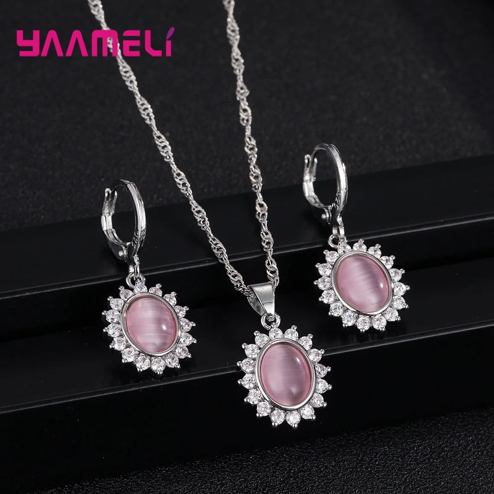 Summer Sale 925 Sterling Silver Oval Cat's Eye Opal Gemtone Necklace Earrings Jewelry Sets Brilliant Cubic Zircon Flower Pendant