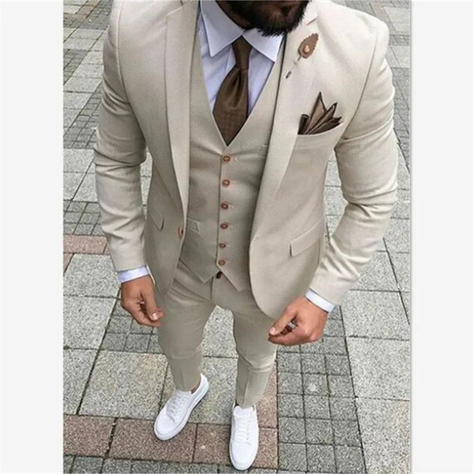 Бежевый мужской костюм из трех предметов пиджак брюки жилет на заказ приталенный Мужской Блейзер свадебный смокинг жениха